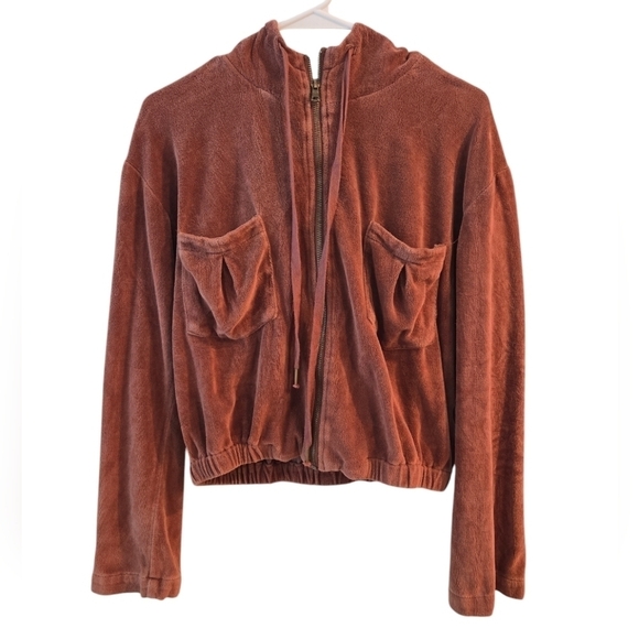 YOUNG FABULOUS & BROKE BROWN CROPPED VELOUR ZIPPER JACKET. SIZE MEDIUM. - Picture 1 of 9